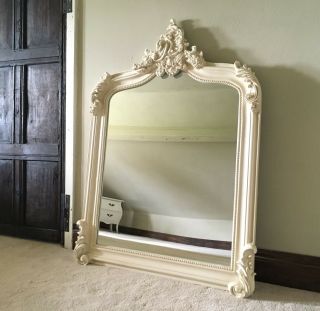 Antique White Cream French Shabby Chic Over Mantle Scroll Top Arched Wall Mirror