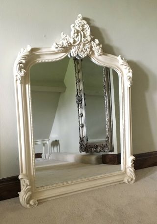 Antique White Cream French Shabby Chic Over mantle Scroll Top Arched Wall Mirror 2