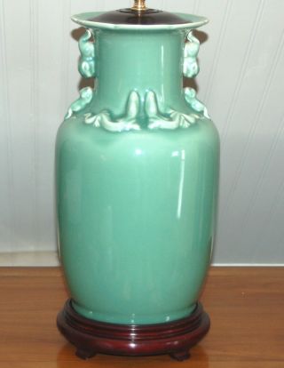 Chinese Celadon Lamp Porcelain Monochrome Green Vase Dragon Foo Dog