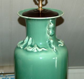 CHINESE CELADON LAMP Porcelain Monochrome Green Vase Dragon Foo Dog 4
