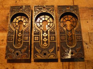 3 Cast Bronze Pocket Door Escutcheon Plates Pulls Eastlake Victorian Set