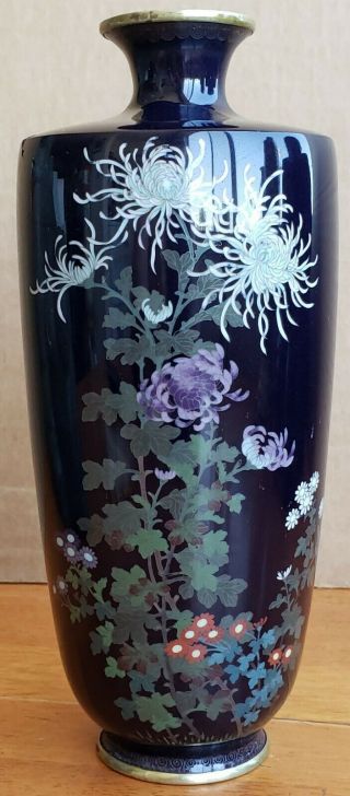 Signed Antique Japanese Ginbari Cloisonne Vase Dark Blue 7 Inch