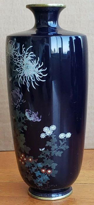 Signed Antique Japanese Ginbari Cloisonne Vase Dark Blue 7 Inch 2