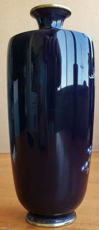 Signed Antique Japanese Ginbari Cloisonne Vase Dark Blue 7 Inch 4