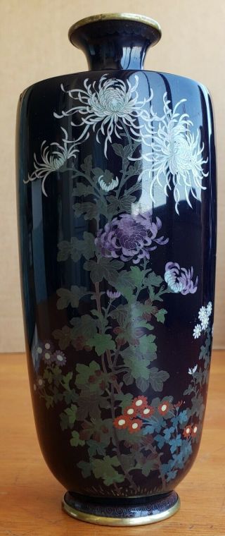 Signed Antique Japanese Ginbari Cloisonne Vase Dark Blue 7 Inch 5