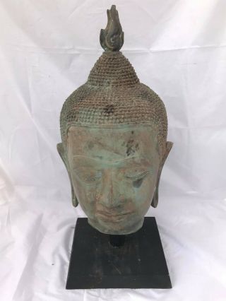 Full Size Antique Bronze Cast Buddha Head On Stand From Thailand Uk Seller