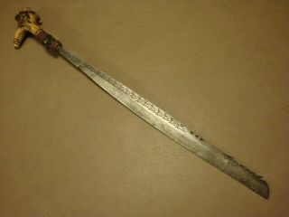 Antique Vintage 23 " Fixed Blade Sword Knife Carved Figural Handle Engraved Blade