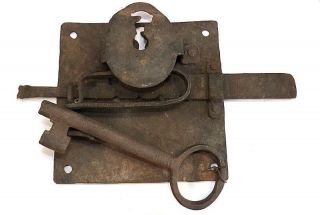 Large Antique Continental Deadbolt Lock With 8 " Key - 17th Or 18th Century
