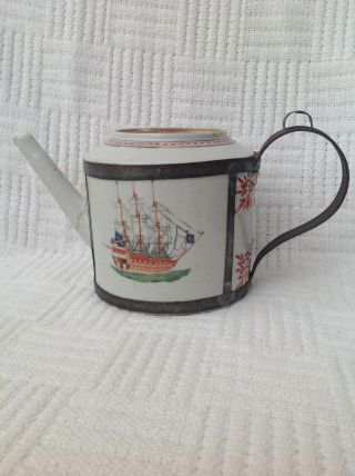 18c Chinese Export Teapot Battle Ship With Union Jacks