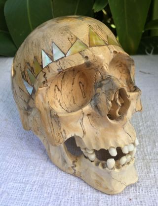 Human Skull Hand Carved Sculpture Wood Realistic Human Skull Figures Decor 8