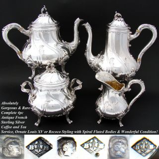 Antique French Sterling Silver 4pc Coffee & Tea Set,  Ornate Louis Xv Or Rococo
