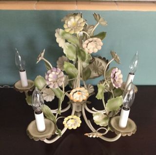 Vintage Mid Century Chandelier Tole Painted Soft Floral Colors Made In Italy Tag