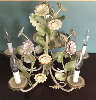 VINTAGE MID CENTURY CHANDELIER TOLE PAINTED SOFT FLORAL COLORS MADE IN ITALY TAG 2