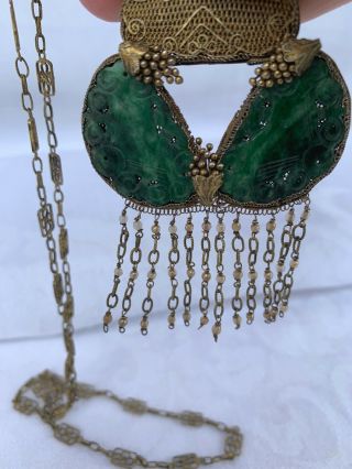 Chinese Green Jade Necklace 14k Gold Vermeil Antique From China C.  1860 Asian Art