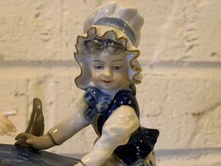 Vintage German Volkstedt Porcelain Blue White Gold Figurine Boy & Girl on Seesaw 10