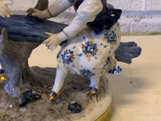Vintage German Volkstedt Porcelain Blue White Gold Figurine Boy & Girl on Seesaw 11
