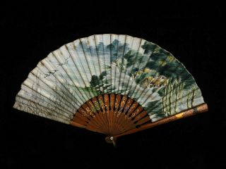 Antique Japanese Bamboo And Silk Fan Meiji Period