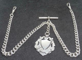 Heavy Antique Solid Silver Double Albert Watch Chain T - Bar & Fob 16.  5 Inch 78g