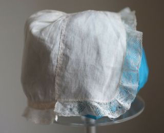 Antique18th century fine linen baby cap with Valenciennes bobbin lace border 9