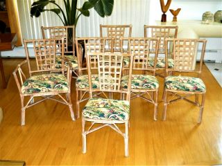 Set 8 Vintage Cerused Oak Rattan Dining Chairs Mcguire Brown Jordan Chinoiserie
