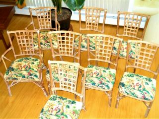 Set 8 Vintage Cerused Oak Rattan Dining Chairs McGuire Brown Jordan Chinoiserie 2