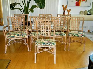 Set 8 Vintage Cerused Oak Rattan Dining Chairs McGuire Brown Jordan Chinoiserie 5