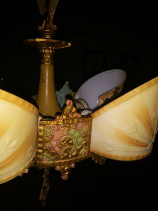 RARE Beardslee Antique Art Deco 5 Slip Shade Chandelier Williamson Rosette Lamp 2