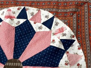 Early c 1830 - 40s Prints Wheel QUILT Top Antique Prussian BLUE Browns Pinks 12