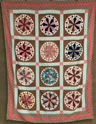 Early C 1830 - 40s Prints Wheel Quilt Top Antique Prussian Blue Browns Pinks