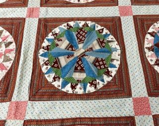 Early c 1830 - 40s Prints Wheel QUILT Top Antique Prussian BLUE Browns Pinks 2