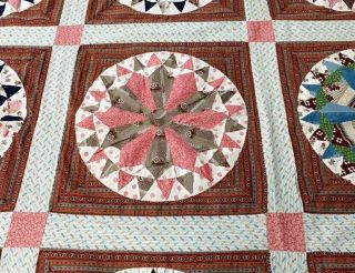 Early c 1830 - 40s Prints Wheel QUILT Top Antique Prussian BLUE Browns Pinks 3