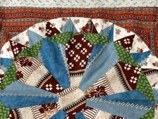Early c 1830 - 40s Prints Wheel QUILT Top Antique Prussian BLUE Browns Pinks 5