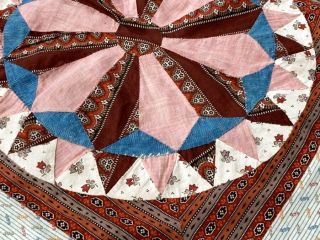 Early c 1830 - 40s Prints Wheel QUILT Top Antique Prussian BLUE Browns Pinks 6