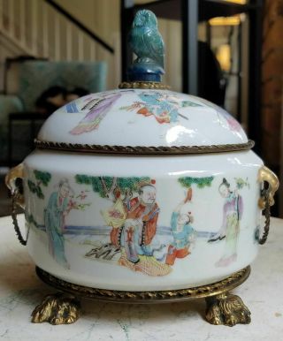 Antique Chinese Porcelain Box Bronze Mounts Lapis Finial Poss Qianlong Qing