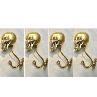 4 Large Skull Hooks Polished Hollow Real Brass Old Style Day The Dead 6 " Long B