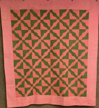 Country Pa C 1890 - 1900 Hearts & Gizzards Quilt Antique Green Pink