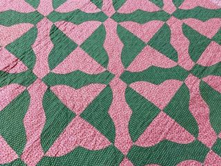Country PA c 1890 - 1900 Hearts & Gizzards QUILT Antique Green Pink 2
