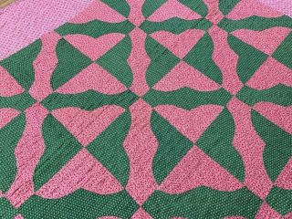 Country PA c 1890 - 1900 Hearts & Gizzards QUILT Antique Green Pink 3