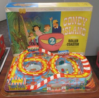 Vtg Ohio Art Coney Island Roller Coaster Toy W/2 Wind Up Mechanical Cars W/box