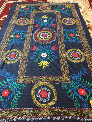 Dark Blue Uzbek Antique Vintage Wall Hanging Tablecloth Emboidery Suzani