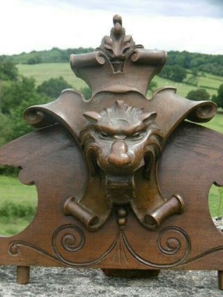 19thc Armorial Walnut Wood Carved Pediment With Lion On Crest