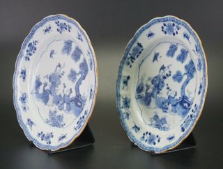 PAIR Antique Chinese Blue & White Porcelain Plate ' Magu ' Deer Fluted Rim 18th C 12