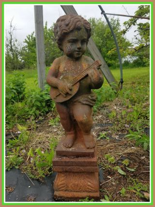 Large CHERUB w/ FISH Vintage Unearthed Cast Iron Garden Ornament Statue Statuary 12