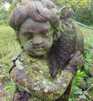 Large Cherub W/ Fish Vintage Unearthed Cast Iron Garden Ornament Statue Statuary