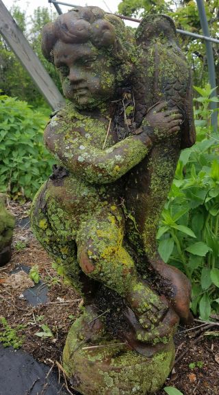 Large CHERUB w/ FISH Vintage Unearthed Cast Iron Garden Ornament Statue Statuary 2