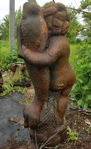 Large CHERUB w/ FISH Vintage Unearthed Cast Iron Garden Ornament Statue Statuary 3