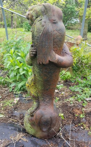 Large CHERUB w/ FISH Vintage Unearthed Cast Iron Garden Ornament Statue Statuary 4