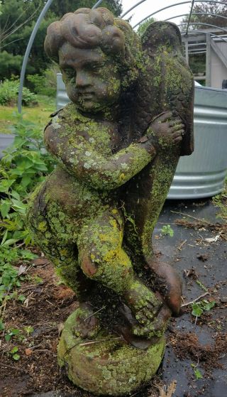 Large CHERUB w/ FISH Vintage Unearthed Cast Iron Garden Ornament Statue Statuary 8