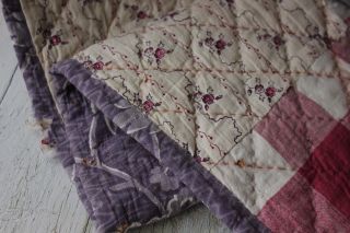 Fabric Antique French Printed Cotton 18th Century,  1820 Purple Quilted Textile