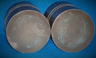 PAIR ANTIQUE CHINESE PEWTER TEA CADDY CANNISTERS SIGNED BIRDS 11